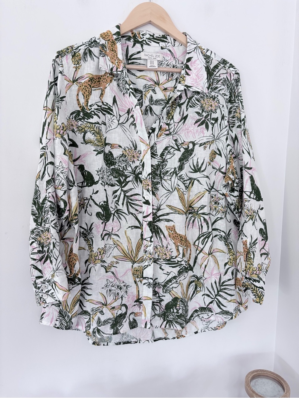 RACHEL ZOE 100% Linen Button Down Shirt 1X Jungle Animal Print Toucan Monkey